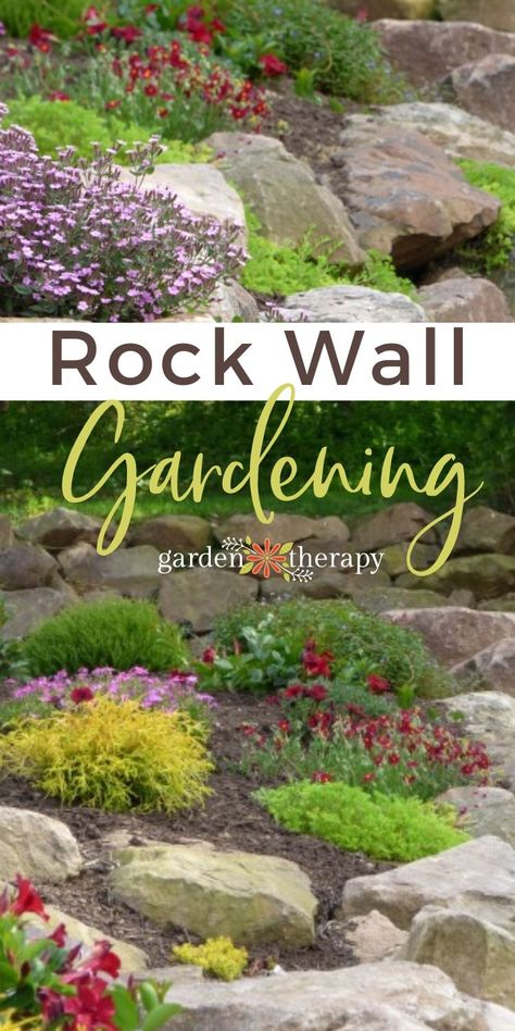 Outcropping Stones In Landscape, Rock Terraced Landscaping, Rock Garden On A Slope Ideas, Rock Garden On Slope, Rock Wall Garden Bed, Rock Walls Landscaping, Stone Wall Planting, Rock Slope Landscaping, Hillside Rock Garden