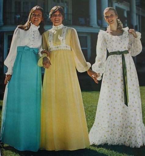 A long one-piece gown that looked like granny night dresses. ironically they were popular in the young crowd. 1970s Cocktail Party Dress, 1970s Party Dress, 1970s Long Dress, 1970s Prom Dress Vintage 70s, 70’s Prom Dress, 1970s Prairie Dress, 1970s Maxi Dress, 70s Prom Dress 1970s, 70s Dresses Formal