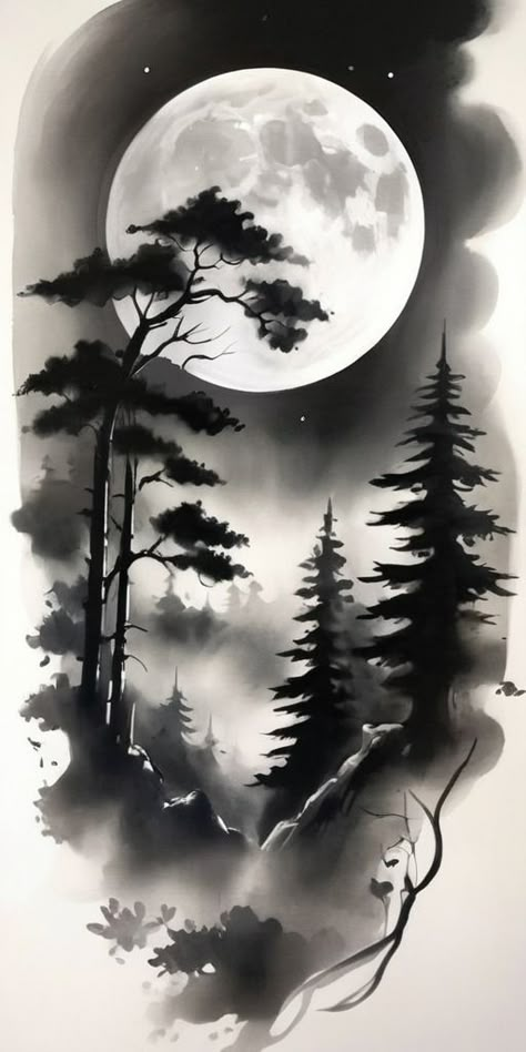 FOREST TATTOO DESIGN Forest Scene Tattoo Design, Forest Background Tattoo, Black Forest Tattoo Design, Forest Design Tattoo, Black And White Tree Painting, Tree Moon Tattoo, Forest Scene Tattoo, Mountain Scene Tattoo, Forest Tattoo Ideas