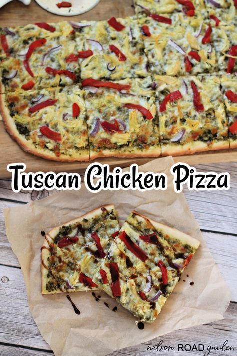 This Tuscan chicken pizza is loaded with all the best toppings like chicken, red onion, roasted bell peppers, and then finished with a drizzle of balsamic glaze. It doesn’t get any better than this! Tuscan Chicken Pizza, Tuscan Pizza, Red Pepper Pizza, Chicken Peppers And Onions, Pizza Toppings Combinations, Asian Steak Bites, Roasted Bell Peppers, Creamy Pasta Bake, Chicken Pizza Recipes