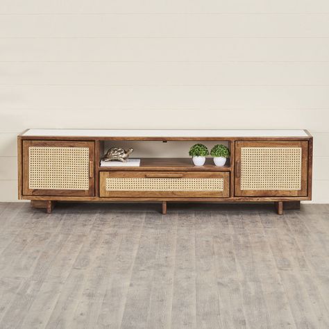 Cane Tv Unit Living Room, Tv Unit Wooden Design, Cane Tv Console, Cane Tv Unit, Boho Tv Unit, Wooden Tv Unit Design, Rattan Tv Unit, Rattan Tv Console, Tv Cabinate