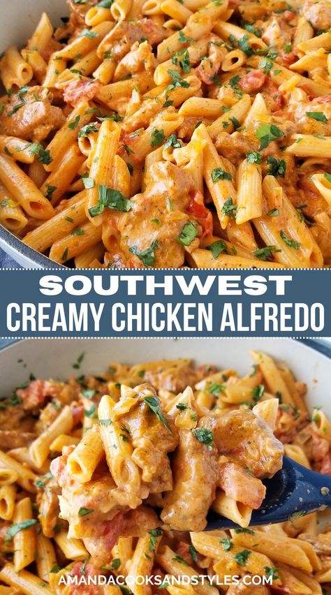 Southwest Chicken Alfredo – Creamy and delicious southwest style chicken pasta is the perfect easy dinner recipe. Made with seasoned pan seared chicken, onions, garlic and penne pasta tossed in a mouthwatering southwest style cream sauce. Easy Cheap Dinners For College Students, Mexican Chicken Alfredo Pasta, One Pot Southwest Pasta, Southwest Ranch Chicken Pasta Crockpot, Southwestern Chicken Alfredo, Red Robin Southwest Chicken Pasta, South Western Pasta, Creamy Southwest Chicken Alfredo, Southwestern Chicken Recipes