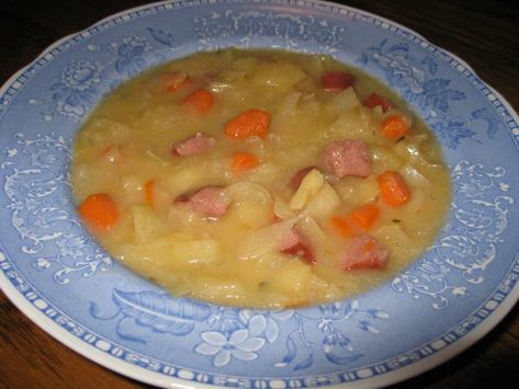 French Cabbage Soup   								This recipe is a popular soup served at the Summer Kitchen near Ephraim, WI. It is thick and delicious. I've modified it somewhat by adding the thyme and pepper for even more flavor. It freezes very well. Cabbage Soup Recipe, Door County Wi, Sausage Potatoes, Cabbage Slaw, Cabbage Soup, Warm Food, Door County, Dinner Is Served, Summer Kitchen