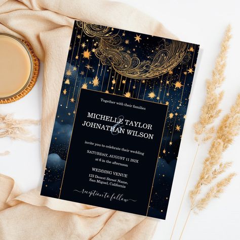 Afternoon Wedding, Free Birthday Invitation Templates, Free Birthday Invitations, All Craft, Free Birthday Stuff, Gold Stars, Stars And Moon, Midnight Blue, Blue Gold