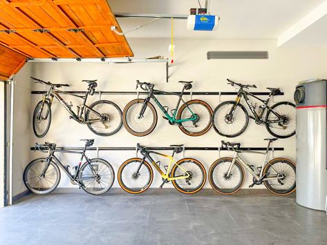 Garage Bike Storage Ideas, Garage Organization Bikes, Bike Tool Storage, Bike Storage Garage Wall, Bicycle Storage Garage, Bike Storage Ideas, Garage Bike Storage, Freestanding Bike Rack, Bike Storage Apartment