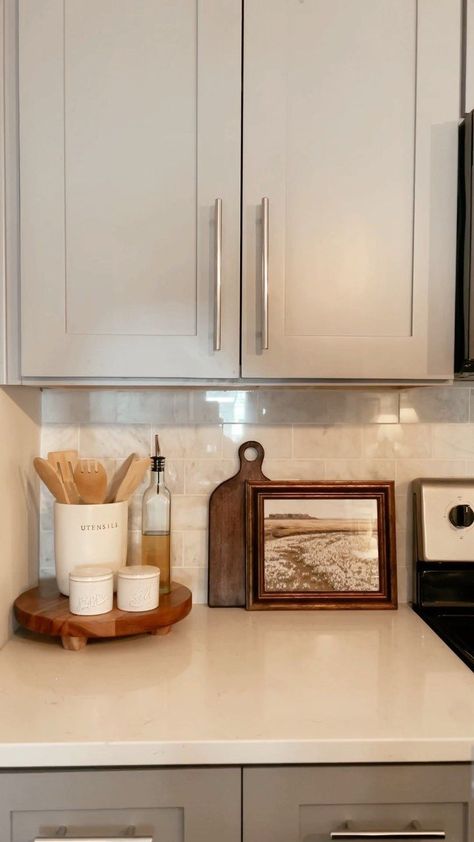 Styling A Countertop, Small Countertop Decor Ideas, Kitchen Counter Cookbook Display, Kitch Counter Decor, Target Kitchen Organization, Ryan Homes Columbia Decor, Target Kitchen Decor, Over The Cabinet Decor, Apartment Style Ideas