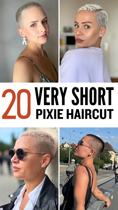 Ladies Buzzed Haircuts, Grey Undercut Pixie, Faux Hawk Pixie Round Face, Very Short Spiky Pixie Haircut, Shortest Pixie Haircut, Extremely Short Haircuts For Women, Super Short Spiky Hair For Women, Womans Faded Haircut, Super Short Hair Curly