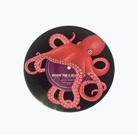 "Handpainted octopus design using acrylic paint, on a vintage Juice Newton \"Headin' for a Heartache\" (1981) vinyl record. ALL VINYLS COME FRAMED.  The vinyl is not playable. This is for decoration only. Vinyls are authentic vintage, so there may be some scratches or small marks that are out of my control. Please double check size dimensions to make sure you are getting the right size vinyl. 12-inch vinyls are full sized records. 7-inch vinyls are much smaller." How To Paint Vinyl Records, Art On Vinyl Records, Paintings On Records Vinyls, Paintings On Records, Painting On Records, Vynil Design, Painted Vinyl Records Aesthetic, Painting Of Record, Vinyl Painting Ideas