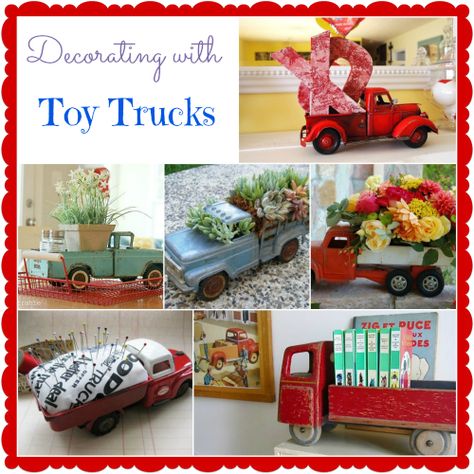 Add a touch of whimsy to your home! Repurpose old toy trucks and use them in your home decor. These are cute ideas! Rag Balls, Books Christmas, Truck Decor, Truck Diy, Open Backs, Ideas For Decorating, Primitive Decorating Country, Vintage Truck, Vintage Trucks