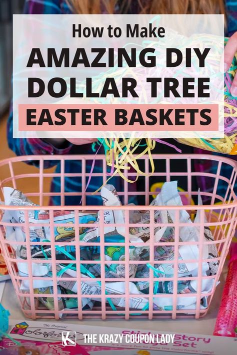 These Dollar Tree DIY Easter Baskets are something my kids go bananas for, without knowing that I only spent about $20 each. They look expensive & are game changers around my house- even though they're actually super cheap Easter baskets. Whether you're looking for Easter basket ideas for toddlers or Easter basket ideas for teenagers, The Krazy Coupon Lady has you covered with these dollar store DIY Easter basket ideas for kids, boys, and girls alike. Here's how to save money on Easter baske Homemade Easter Baskets For Kids, Easter Baskets For Kids Diy Craft Ideas, Money Easter Basket Ideas, Diy Easter Baskets For Kids To Make, Grown Kids Easter Basket Ideas, Easter Basket Alternatives For Kids, Simple Easter Baskets For Kids, Easy Easter Baskets For Kids, Cheap Easter Basket Ideas For Kids