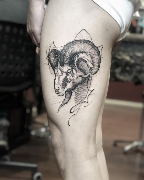 Mountain Goat Tattoo Design, Aries Tattoo For Men Design, Ram Tattoo Ideas, Ram Tattoo Design, Aries Tattoo Designs, Tattoo Goat, Aries Zodiac Tattoos, Galaxy Tattoo Sleeve, Aries Ram Tattoo