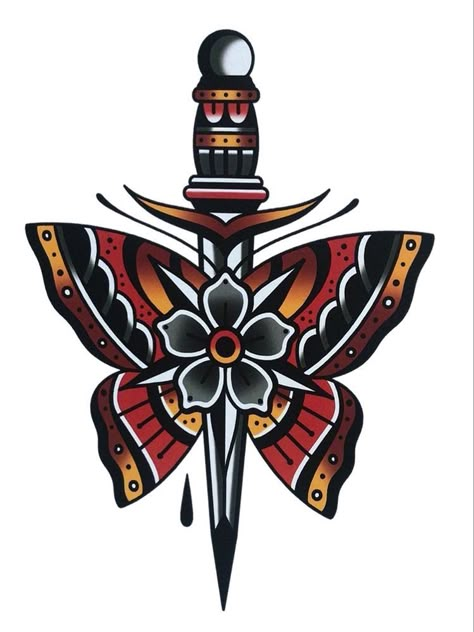 Neo Trad Tattoo Design For Men, Old School Tattoos Color, Traditional Style Leg Tattoos, American Traditional Mexican Tattoo, American Trad Dagger Tattoo, Neo Old School Tattoo, Mens American Traditional Tattoos, Neo Traditional Tattoos Men, Butterfly Tattoo American Traditional