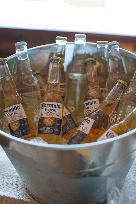 Beer Bucket Ideas, Corona Beer Party Theme, Garden Engagement Party, Beer Party Theme, Mexico Beach Wedding, Modelo Beer, Mexico Beach Weddings, Wedding Beer, Beach Wedding Ideas