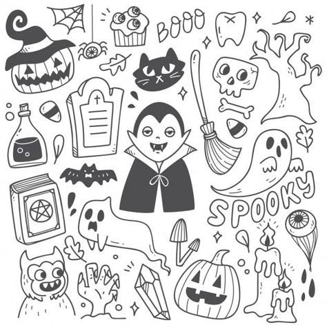 Set of cute halloween doodles Premium Ve... | Premium Vector #Freepik #vector #tree #party #design #halloween Easy Halloween Designs To Draw, Fun Easy Halloween Drawings, Halloween Art Easy Drawing, Spooky Doodle Art, Cute Spooky Drawings Easy, White Board Halloween Drawings, Little Halloween Doodles, Easy Doodles Halloween, Easy Halloween Tattoos