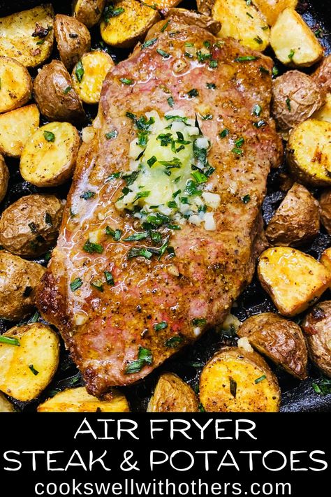 steak and potatoes in the air fryer basket Steak Potatoes Air Fryer, Air Fry Steak And Potatoes, Air Fryer Steak And Potatoes Recipes, Airfryer Steak And Potatoes, Steak And Potatoes In Air Fryer, Air Fryer Steak And Potatoes, Steak And Potatoes Air Fryer, Steak And Baked Potato, Sirloin Recipes