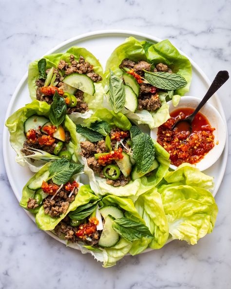 Thai Pork Lettuce Cups with Cucumber + Herbs — Local Haven Asian Lettuce Cups, Vegetarian Asian, Thai Pork, Pork Wraps, Pork Lettuce Wraps, Pork Salad, Asian Pork, Lettuce Cups, Chili Paste