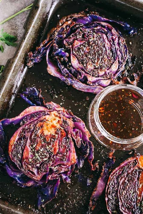 Purple Cabbage Steaks In Oven, Recipes For Purple Cabbage, Cabbage Keto, Purple Cabbage Recipes, Crispy Cabbage, Cabbage Steaks Recipe, Cabbage Dishes, Roasted Cabbage Steaks, Seared Salmon Recipes