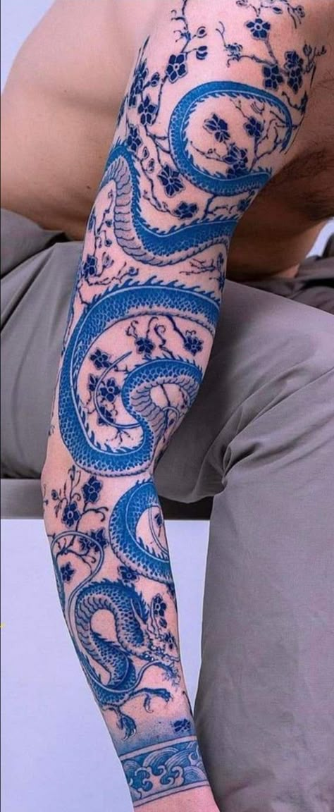 All Blue Tattoo Sleeve, Azure Dragon Tattoo, Chinese Porcelain Tattoo, Blue Tattoo Sleeve, Fine China Tattoo, Blue Porcelain Tattoo, Blue Japanese Dragon, Water Dragon Tattoo, Oc Tattoo