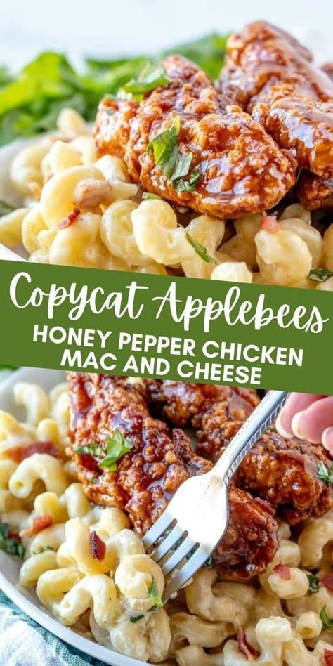 honey pepper chicken with mac and cheese Pepper Mac And Cheese, Copycat Applebees, Mac And Cheese Chicken, Applebees Recipes, Honey Pepper Chicken, Honey Chipotle Chicken, Chicken Mac And Cheese, Honey Glazed Chicken, Black Pepper Chicken