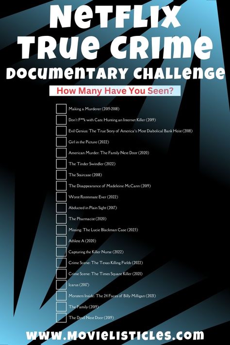 A List of the 20 Best True Crime Documentaries on Netflix You Must See. Click the pin for the free movie night printable. Follow me for the best movies to watch lists for adults, family, teens, couples date night, girls night and sleepover ideas. Get suggestions of websites to watch movies for free. #movielisticles Best Documentaries On Netflix Right Now, Netflix Documentaries To Watch, Netflix Checklist, Good Documentaries To Watch, Movie Watchlist, Movie Challenge, Netflix Shows To Watch, Mystery Movies, Best New Movies