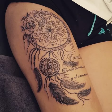 Dreamcatcher Tattoo Forearm For Women, Shoulder Dream Catcher Tattoo For Women, Feather Tattoos Thigh, Leg Dream Catcher Tattoo, Dreamcatcher Tattoo Arm For Women, Dream Catcher Arm Tattoos For Women, Dream Catcher Floral Tattoo, Dream Catcher Tattoo Leg, Dreamcatcher Hip Tattoo