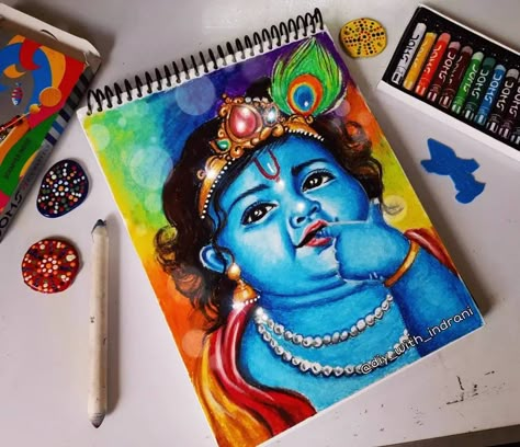 Radha Krishna Art Paintings Abstract, Lord Krishna Drawing Oil Pastels, Radha Krishna Oil Pastel Drawing, Krishna Oil Pastels Drawing, Janmashtami Painting, Janmashtami Drawing Ideas, Kanha Painting, Oil Pastel Art Ideas Inspiration, Canvas Art Painting Abstract