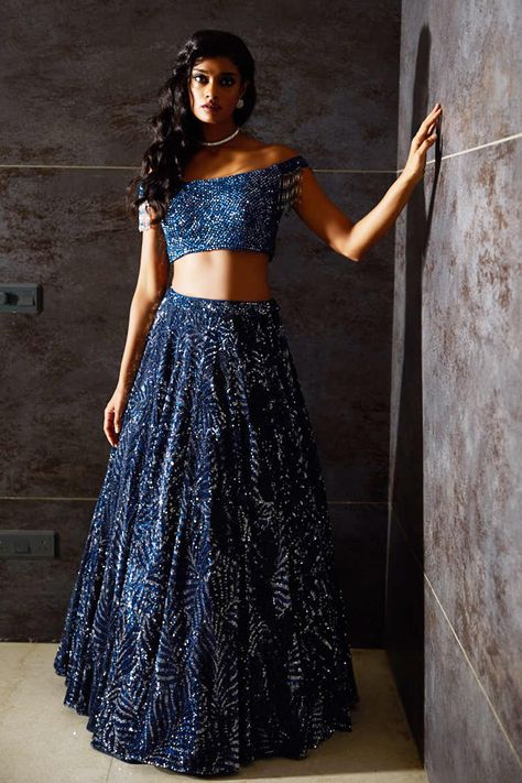 Glamorous Off-Shoulder Blouses Spotted On Real Brides Western Blouse Designs, Sequins Lehenga, Edgy Bridal, Wedding Blouse Designs, Wedding Blouse, Blue Lehenga, Choli Designs, Gorgeous Blouses, Lehenga Skirt