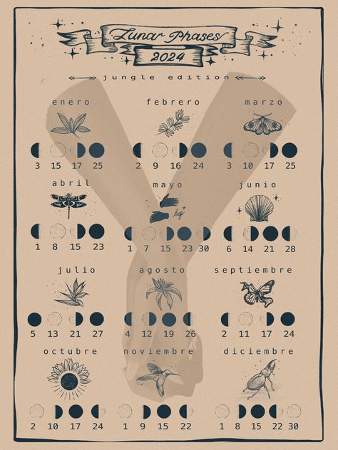 Moon calendar, moon phases, printable, digital, jungle 2023 Lunar Phases, Witchy Planner Ideas, Bujo Lunar Calendar, Witch’s Calendar, Moon Planner, Moon Calender 2024, Witchy Planner Printables, Event Organizer Planners, Business Planner Organization