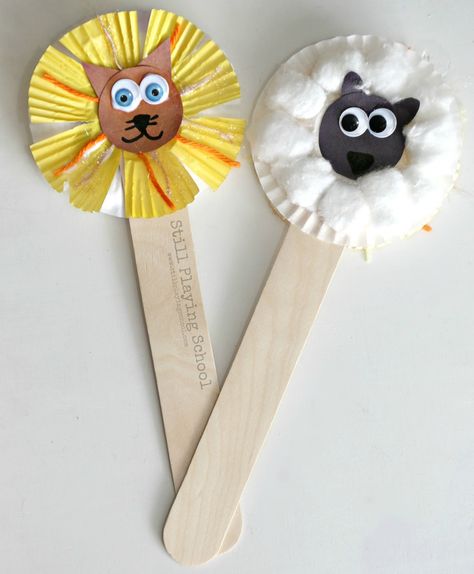 Lion and lamb craft puppets for kids Lamb Crafts For Kids, Lion And Lamb Craft, Popsicle Puppets, Lamb Crafts, Zoo Room, Lion Puppet, Stick Puppet, Lamb Craft, Popsicle Stick Crafts For Kids