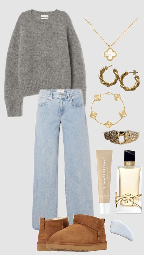 #chill #ootd #outfitinspo #outfit #chilloutfit #outfitideas #uggs #greysweater #gold Basic Uggs Outfit, Outfit With Uggs, Girly Clothes, Church Fits, Easy Outfits, Looks Pinterest, Fit Clothes, Winter Inspo, Outfit Inspo Casual