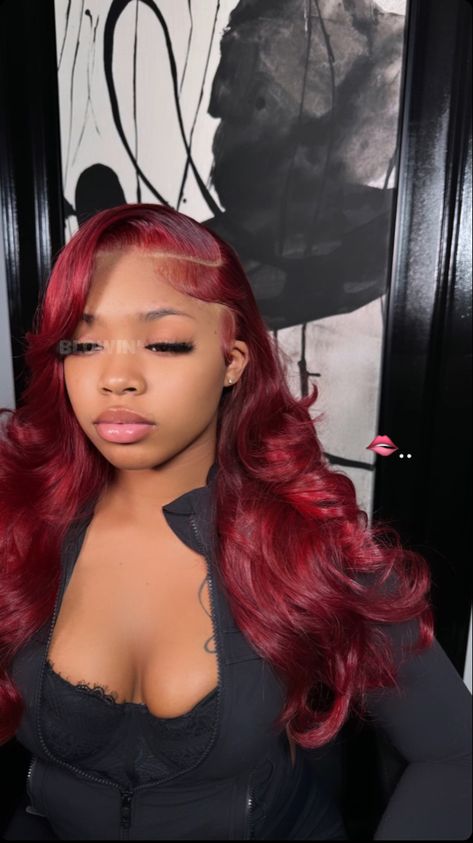 Burgundy Lace Front Wig Half Up Half Down, Red Hair Black Outfit, Side Part Red Hair, Burgundy Wig Side Part, Red Wig Side Part, Burgundy Quick Weave, Red Side Part, Valentines Day Hairstyles Black Women, 99j Wig