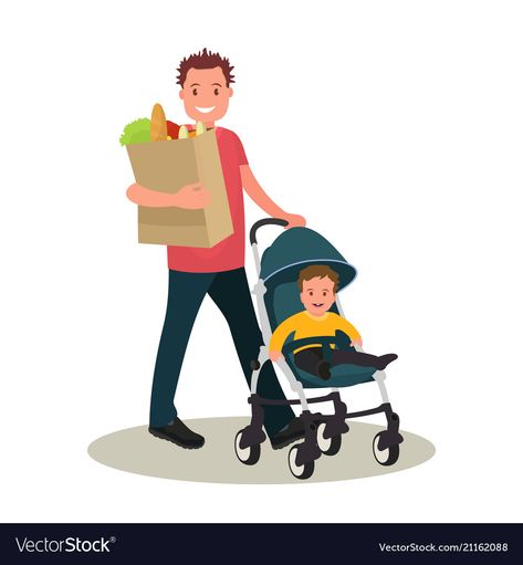 Stroller Illustration, Mother Son And Daughter, Family Vector Illustration, Family Vector, Kids Book, Kids' Book, Flat Style, Happy Family, Single Image