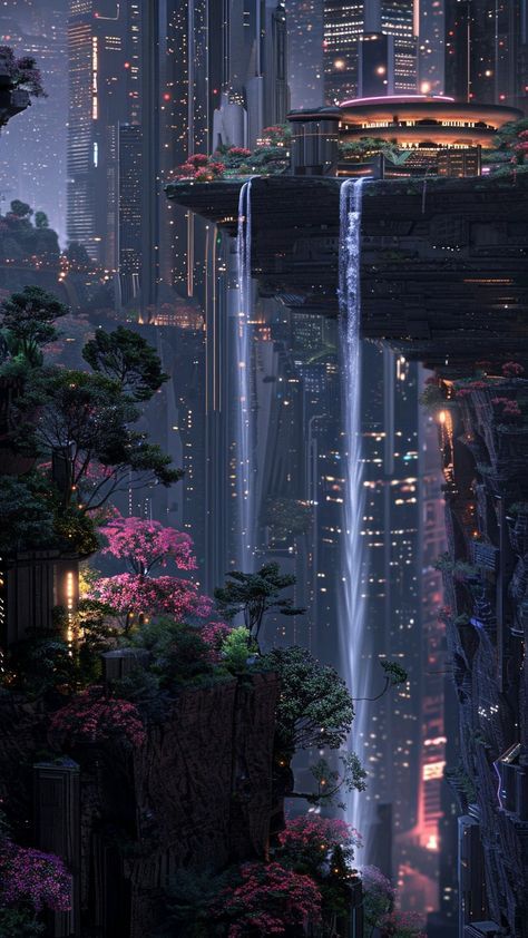 Sci Fi City Landscape, Sci Fi Kingdom, Cyberpunk Nature Aesthetic, Futuristic Asian City, Sci Fi Setting, Magic City Aesthetic, Fantasy Futuristic City, Sci Fi Fantasy Aesthetic, Dark Sci Fi Aesthetic