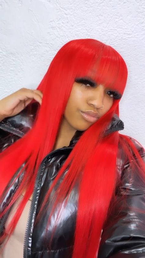 Red Bang Wig Black Women, Red Bang Wig, Red Hairstyles For Black Women, Hair Tease, Vacay Hairstyles, Red Wig With Bangs, Red Hair With Bangs, Colored Hairstyles, Red Bangs