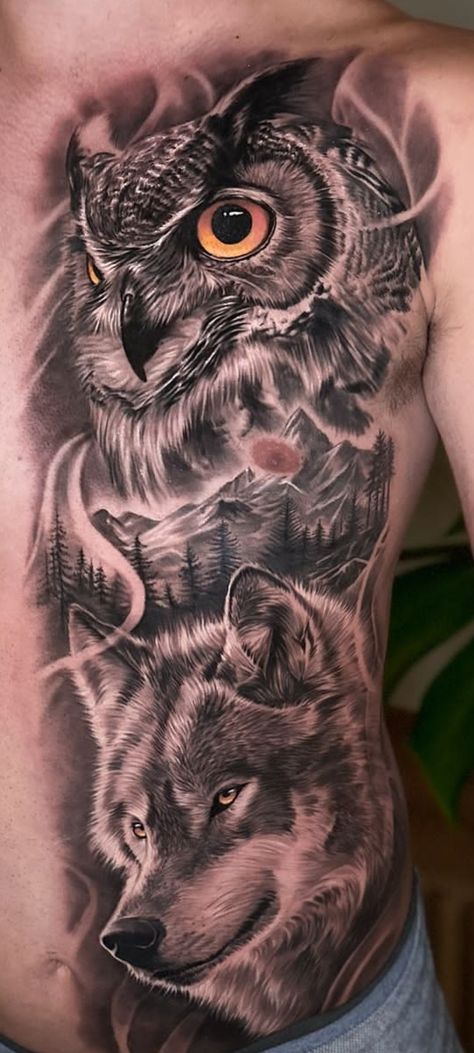 Leg Piece Tattoo Mens, Nordic Owl Tattoo, Owl Tatoos Men, Owl Wolf Tattoo, Owl Chest Tattoo Men, Owl And Wolf Tattoo, Realistic Owl Tattoo Design, Snow Owl Tattoo, Owl Tattoo Men