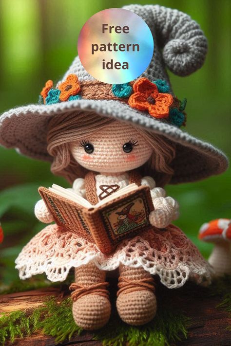 Create an adorable Amigurumi Forest Witch Doll with this detailed crochet pattern. Featuring a large hat, floral details, and a lacey dress, perfect for intermediate crocheters! Crochet Turtle Pattern Free, Forest Crochet, Crochet Turtle Pattern, Detailed Crochet, Large Hat, Crochet Doll Tutorial, Forest Witch, Crochet Fairy, Lacey Dress