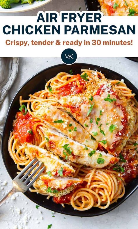 Once you learn how to make Chicken Parmesan in the air fryer you may never go back to traditional methods. This Easy Air Fryer Chicken Parmesan recipe is crispy, tender, and perfectly cooked every time! Air Fryer Chicken Parmesan Recipe, Crispy Chicken Parmesan, Air Fryer Chicken Parmesan, Easy Air Fryer Chicken, Chicken Parmesan Recipe Easy, Healthy Chicken Parmesan, Chicken Parmesan Recipe, Parmesan Recipe, Easy Chicken Parmesan