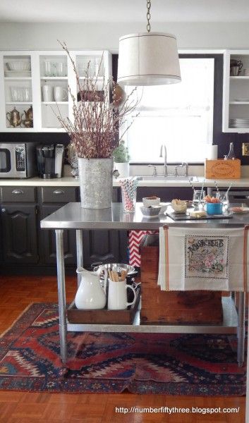 Love this house tour of Number Fifty Three and the gorgeous kitchen - mismatched cabinets, open shelving and stainless island!  eclecticallyvintage.com Mismatched Cabinets, Kitchen Island Table Combination, Stainless Steel Kitchen Island, Island Table, Kitchen Island Table, Eclectic Kitchen, Gorgeous Kitchens, Kitchen Redo, Trendy Kitchen