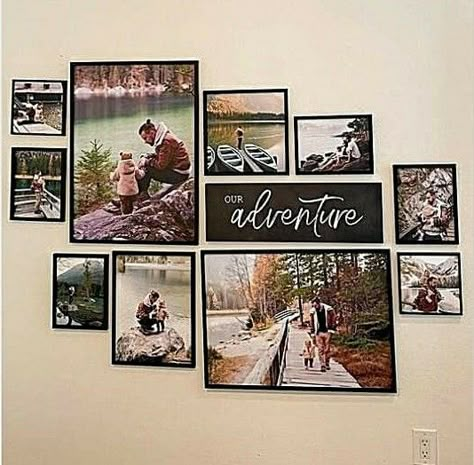 Inspiration for a gallery wall adventure themed Picture Wall Layout, Photo Gallery Wall Layout, Entryway Gallery Wall, Family Photos Wall Decor, Picture Wall Living Room, Family Pictures On Wall, Family Gallery Wall, Travel Gallery Wall, Gallery Wall Ideas