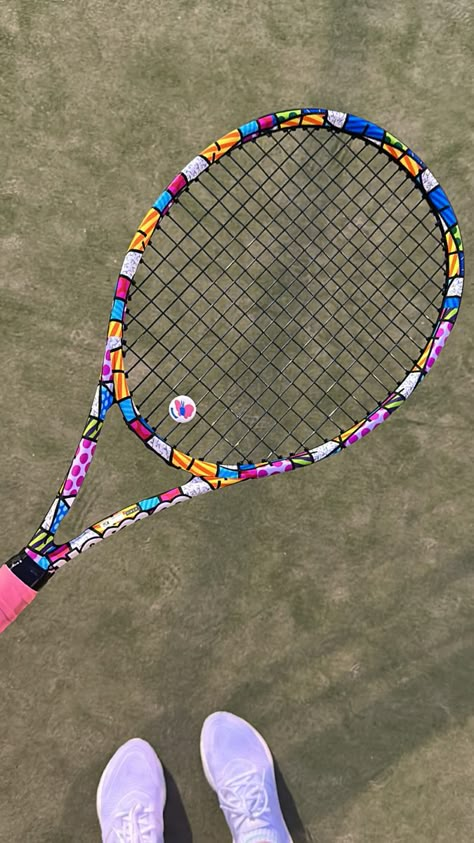 tennis racket, colourful, rainbow, britto x wilson, shoes, adidas, australian open court Wilson Racket Tennis, Aesthetic Tennis Racket, Tennis Vibes Aesthetic, Cute Tennis Racket, Tennis Rackets, Tennis Racket Aesthetic, Retro Tennis, Tennis Wallpaper, Mode Tennis