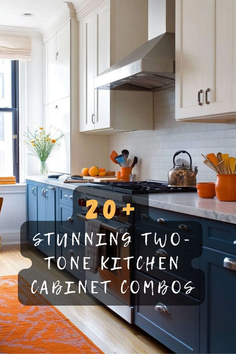 Ready to elevate your kitchen design? These 20 two-tone kitchen cabinet color combinations are perfect for adding style and contrast. From modern neutrals to bold pops of color, find the perfect pairing for your space. Tap to see all the stunning ideas 🏡🎨. #KitchenCabinets #TwoToneDesign #HomeInspo Dark Bottom White Top Cabinets, Countertop Upper Cabinets, Mixing Cabinet Colors, Kitchen Island Colors With Honey Oak Cabinets, Two Tone Kitchen Cabinets Oak, Two Toned Galley Kitchen Cabinets, Wood And Color Cabinets, Kitchen Island Accent Color With Wood Cabinets, Upper And Lower Kitchen Cabinet Colors