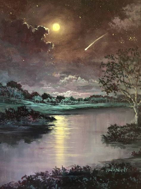 Painting Of Stars Night Skies, Trees At Night Painting, Falling Star Painting, Night Lake Painting, Night Scenery Painting Moonlight, Comet Painting, Comet Art, Randy Burns, Night Acrylic Painting