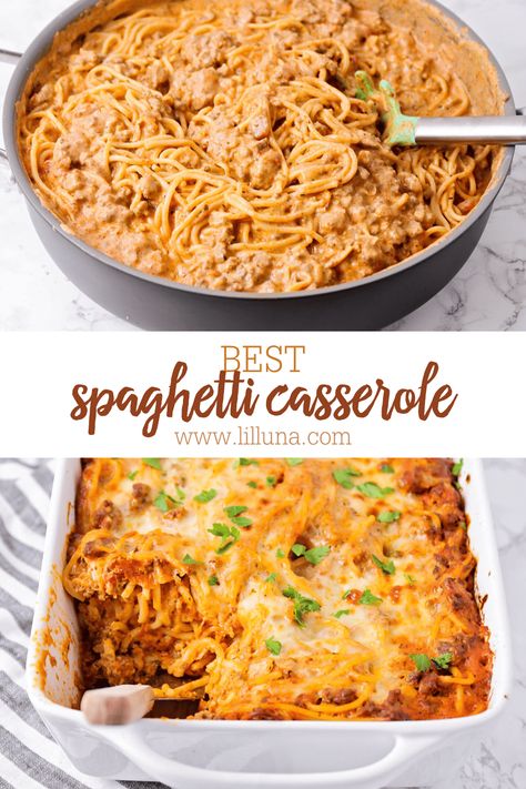 Spaghetti casserole is the definition of comfort food! Hearty and so delicious. An easy way to make and eat spaghetti. #spaghetticasserole #spaghetti #comfortfood #casserole #dinner Speggetti Casserole Recipe, Spagetti Casseroles Baked, Spaghetti Hotdish, Yumasetti Casserole, Easy Baked Spaghetti, Spaghetti Bake, Spaghetti Casserole Recipe, Asian Steak Bites, Baked Spaghetti Casserole