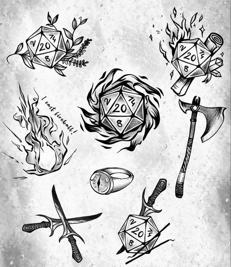 Rogue Tattoo, Druid Tattoo, Skyrim Tattoo, Cat Tattoo Ideas, Dice Tattoo, Nerdy Tattoos, Nerd Tattoo, Knight Tattoo, Rune Tattoo