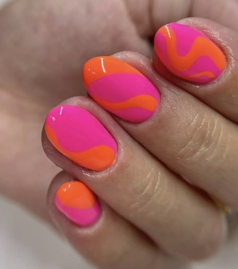 Hot Pink And Orange Nails, Nails Fucsia, Orange And Pink Nails, Orange Toe Nails, Pink And Orange Nails, Rave Nails, Acrylic Nails Almond Shape, Spring Break Nails, Broken Nails