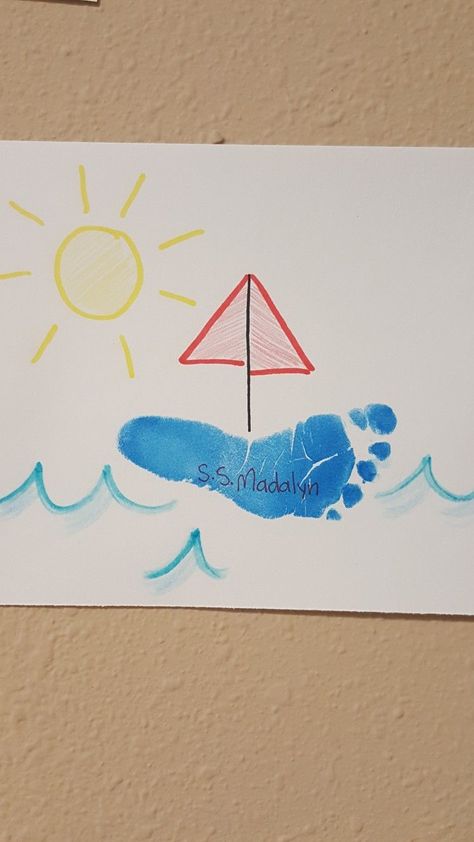 Summer Crafts for Infants: Engaging Activities for Little Hands Footprint Boat Craft, Summertime Art For Toddlers, Sailboat Footprint Craft, Boat Handprint Art, Beach Infant Crafts, June Art For Toddlers, Infant Room Classroom Ideas, Beach Footprint Art, Ocean Art For Infants