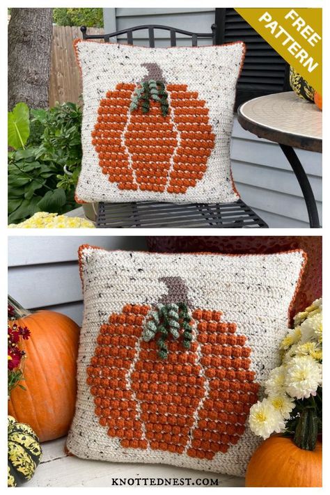 Bobble Pumpkin Pillow Free Crochet Pattern Easter Egg Patterns, Harvest Pillows, Lovey Crochet, Pumpkin Pillow, Pillow Crochet, Easter Egg Pattern, Crochet Easter, Halloween Pillow, Halloween Crochet Patterns