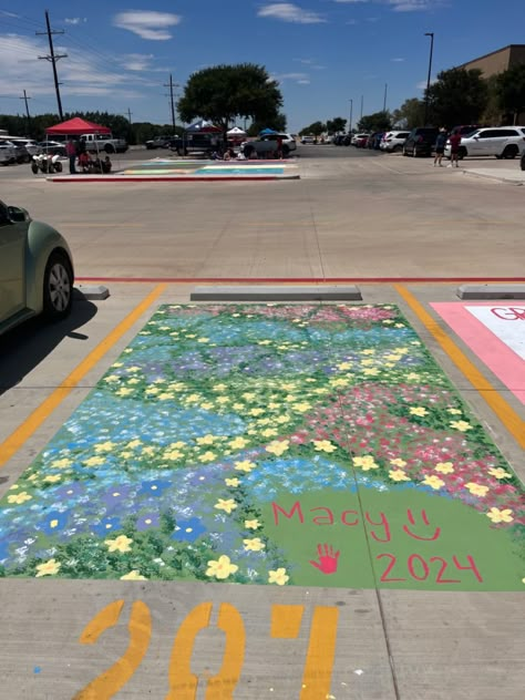 Senior Parking Painting, Floral Senior Parking Spot Painting, Senior Parking Spaces Flowers, Parking Lot Painting Senior, Flower Senior Parking Spots, Senior Parking Space Ideas 2024, Christian Senior Parking Spots, Senior Spot Ideas, Paint Parking Spot High School