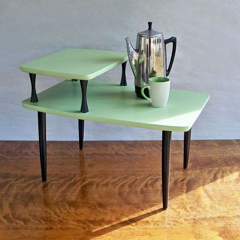 Mid Century Modern 2 Tiered End Table - Side Table - Melon Green ... Tiered End Table, Two Tier Side Table, Side Table Makeover, Painted Side Tables, Mcm Furniture, Mid Century Table, Diy End Tables, Table Makeover, Style Deco