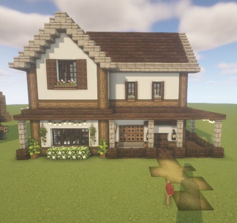 Easy Minecraft Farmhouse, Minecraft White Concrete House, Farmhouse Ideas Minecraft, Minecraft 3 Person House, Minecraft House 2 Story, Minecraft Wooden House Tutorials, Medium Size Minecraft Houses, Two Story House Minecraft, Birch Wood House Minecraft